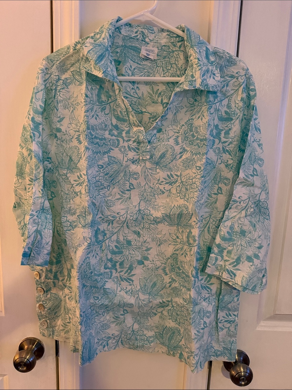Sigrid Olsen Light Teal and White Floral Button-Down Shirt